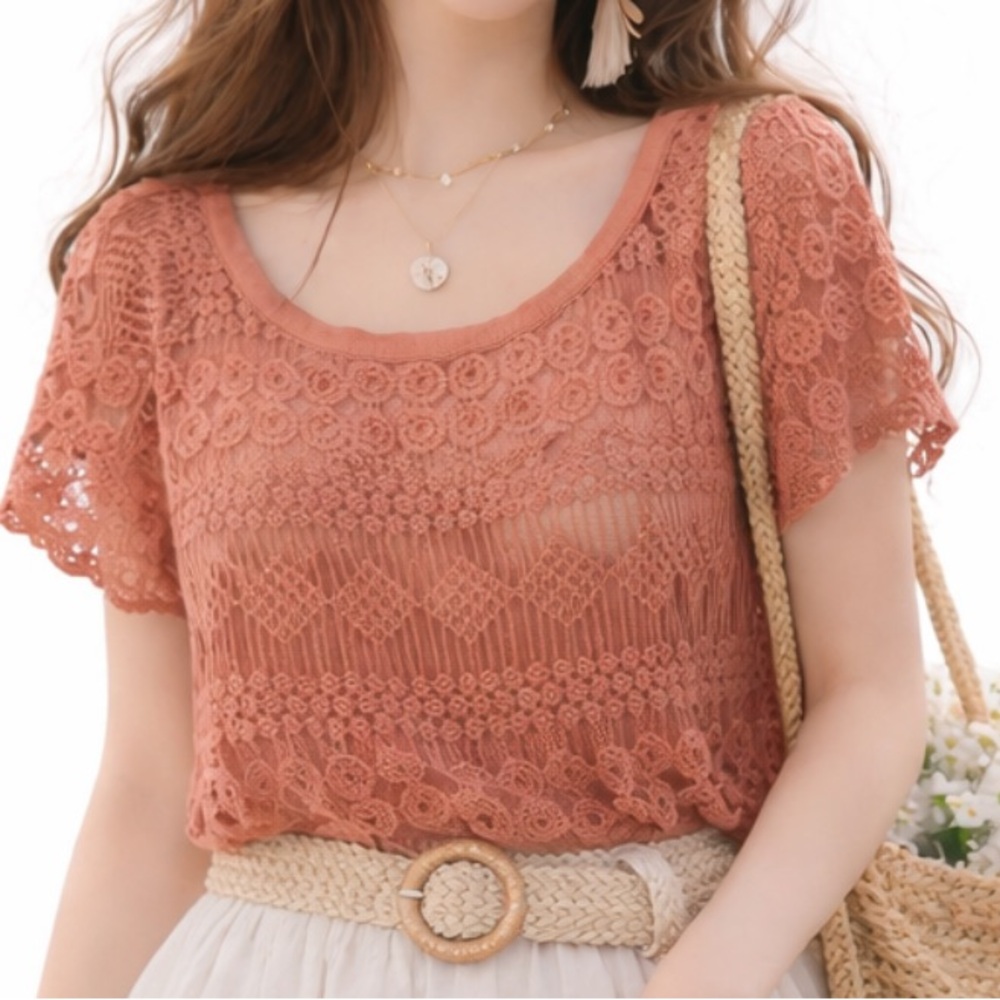FOREVER 21 CORAL PINK MESH EMBROIDERED GEOMETRIC LACE TOP LARGE NWT